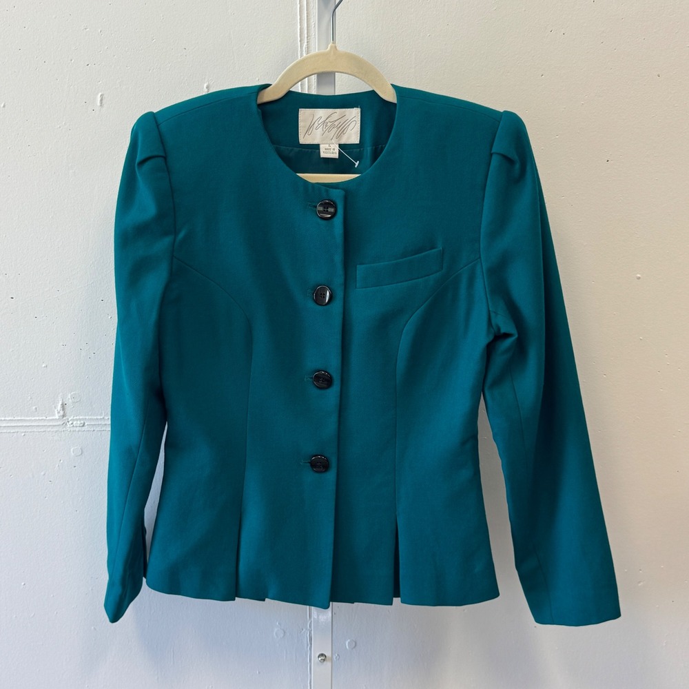 Lord & Taylor Vintage Teal Wool Flannel Blazer Collarless Button Front Jacket 4